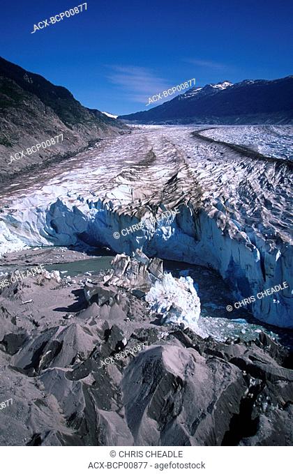 Coast Range, Klinaklini glacier blue ice at tongue Nimmo Bay heli ventures, British Columbia, Canada