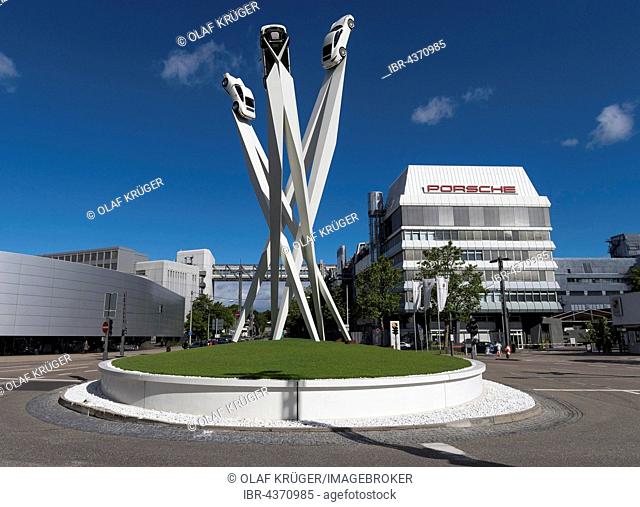Porsche plants and sculpture Inspiration 911 at Porscheplatz, artist Gerry Judah, Stuttgart-Zuffenhausen, Baden-Württemberg, Germany