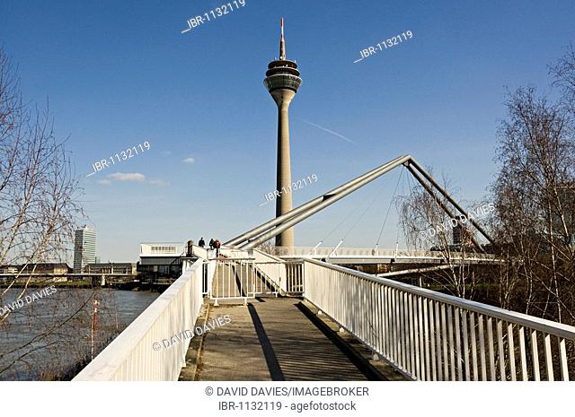 Rhine tower and footbridge to Media Harbour, Duesseldorf, North Rhine-Westphalia, Germany