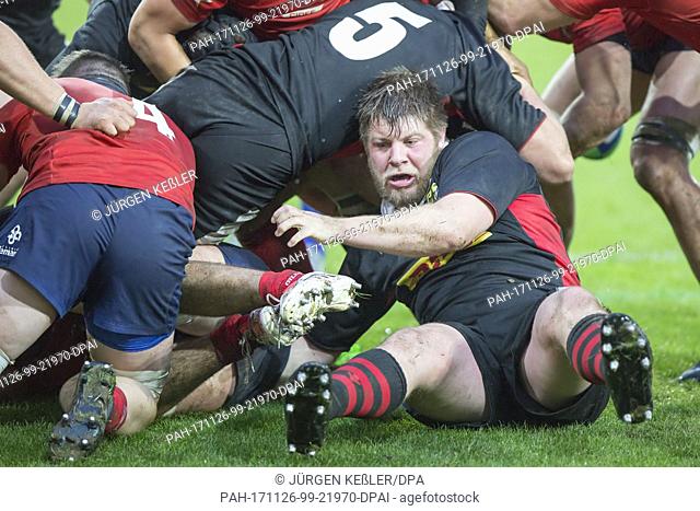 Germany's forward Marcus Bender (3) goes down during the rugby international match between Germany and Chile in Offenbach, Germany, 25 November 2017