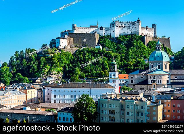 Hohensalzburg Fortress sits atop the Festungsberg, a small hill in the Austrian city of Salzburg. Erected at the behest of the Prince-Archbishops of Salzburg