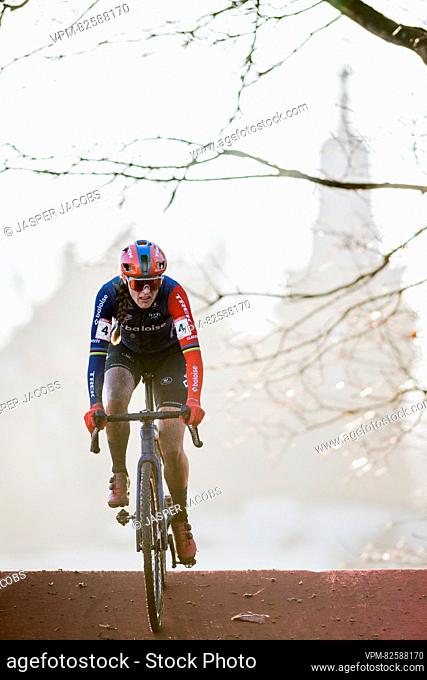 Dutch Lucinda Brand pictured in action during the women's elite race at the World Cup cyclocross cycling event in Namur, Belgium