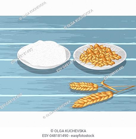 Wheat and flour on wooden table. 10 EPS