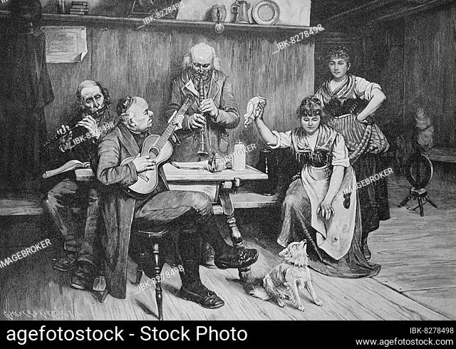 Der kleine Haushund stört die Hausmusik, und die Bäuerin möchte ihn gerne vertreiben, 1880, Deutschland, Historisch, digitale Reproduktion einer Originalvorlage...