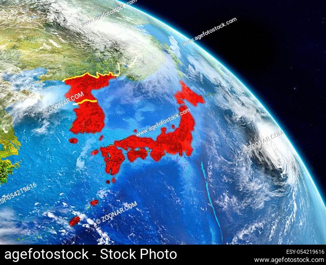 Japan and Korea from space on realistic model of planet Earth with country borders and detailed planet surface and clouds. 3D illustration