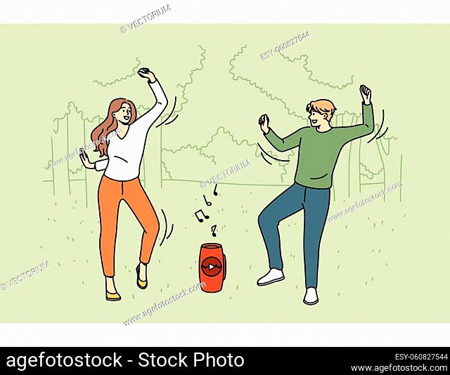 Having fun and entertainment concept. Young smiling couple cartoon characters dancing together with music from column having fun in park vector illustration