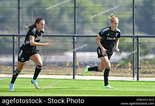 Belgium's Hannah Eurlings and Belgium's Janice Cayman pictured in action during a training session of Belgium's national women's soccer team the Red Flames