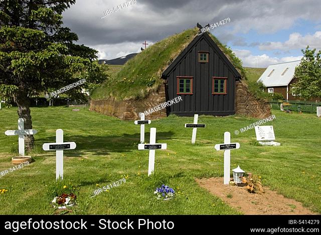 Cemetery, Vidimyrarkirkja, Vidimyri, near Varmahlid. Iceland, sod house, green roof, peat church