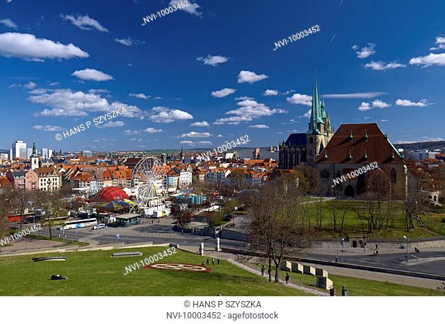 View over Erfurt Domplatz, spring festival, St. Mary's Cathedral and St. Severus church, Thuringia, Germany