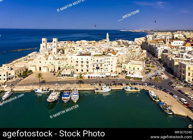 Italy, Province of Bari, Molfetta, Drone view of Mediterranean old town in summer