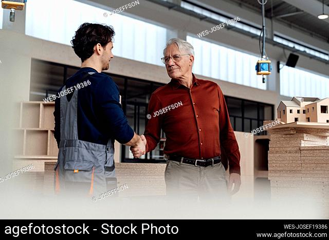 Businessman shaking hands with colleague in lumber industry