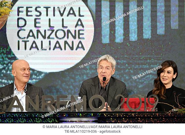 Claudio Bisio, Claudio Baglioni, Virginia Raffaele during the final press conference of 69th Sanremo Music Festival, Sanremo, ITALY- 10-02-2019