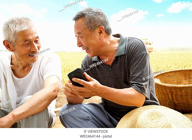 Two farmers sitting in field talking