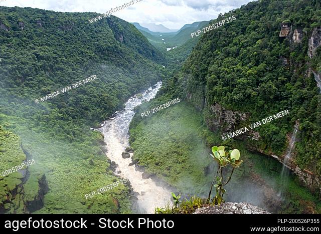 Aerial view over the Potaro River from atop the Kaieteur Falls in the Kaieteur National Park, Guyana, South-America