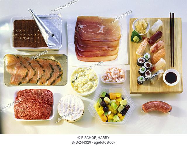 Various foods, tiramisu and sushi platter