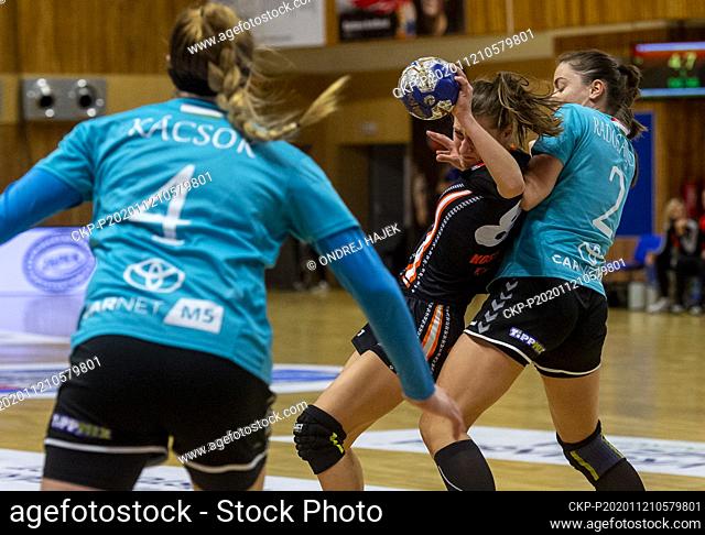 L-R Greta Kacsor (Vaci), Katarina Kostelna (Most) and Sanja Radosavljevic (Vaci) in action during the Banik Most vs Vaci NKSE match of women's handball Europe...