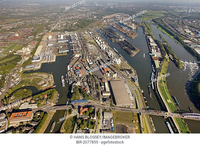 Aerial view, port of Duisburg, Duisport, container port, coal dock, Ruhr river, Rhine, Ruhrort quarter, Duisburg, Ruhr Area, North Rhine-Westphalia, Germany