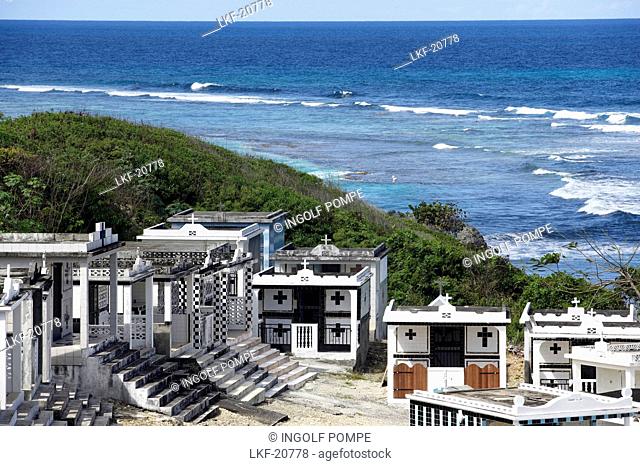 Cemetery in Anse-Bertrand with view over the Caribbean sea, Anse-Bertrand, Grande-Terre, Guadeloupe, Caribbean Sea, Caribbean, America