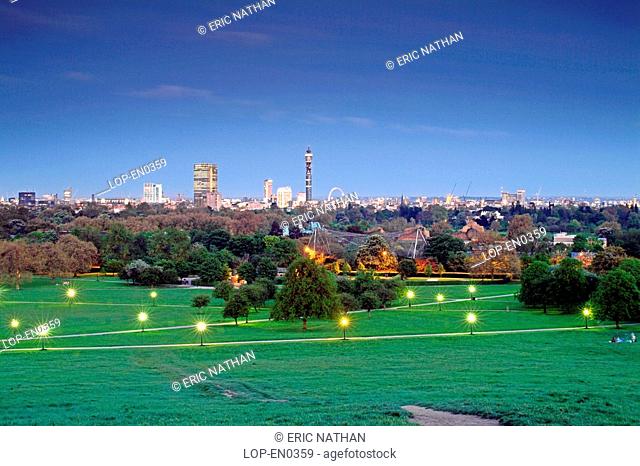 England, London, Primrose Hill , A view of the London skyline from Primrose Hill showing the BT Tower and the London Eye