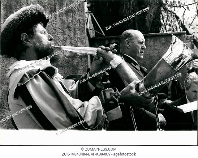 Apr. 04, 1984 - People's general assembly of swiss canton Nidwalden: Traditionally dressed musician blows his horn during opening of yearly taking place...