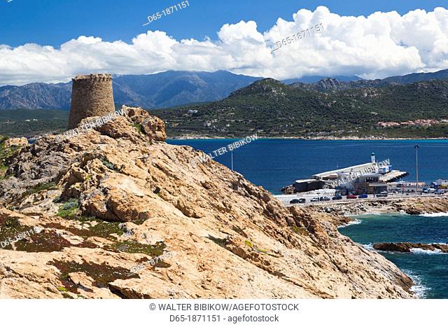 France, Corsica, Haute-Corse Department, La Balagne Region, Ile Rousse, Ile de la Pietra island, Genoese tower