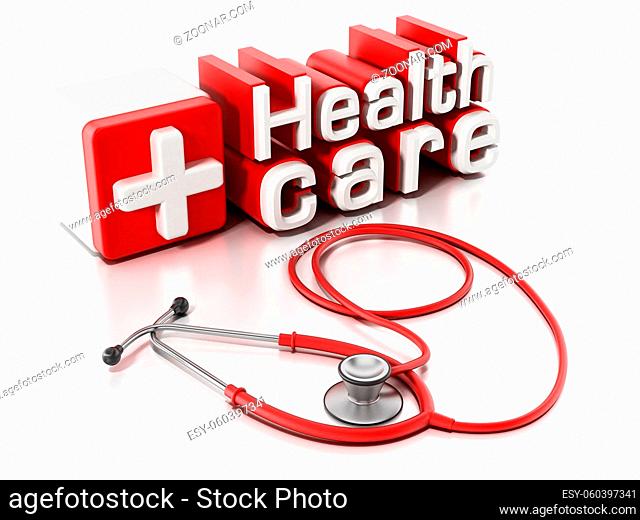Healthcare text and stethoscope isolated on white background. 3D illustration
