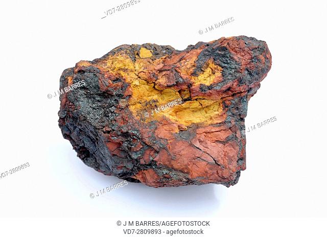 Limonite and goethite. Limonite is an iron ore composed of iron oxides and hydroxides and goethite is an iron hydroxide. This sample comes from Sierra de...