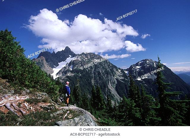 Strathcona Provincial Park, Mt Septimus and hiker, Vancouver Island, British Columbia, Canada