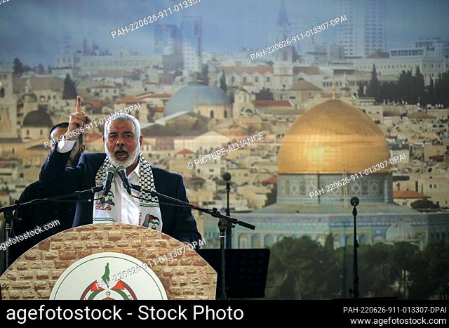 26 June 2022, Lebanon, Sidon: Ismail Haniyeh, Chairman of the Political Bureau of Palestinian organization Hamas, delivers a speech during a rally at the...