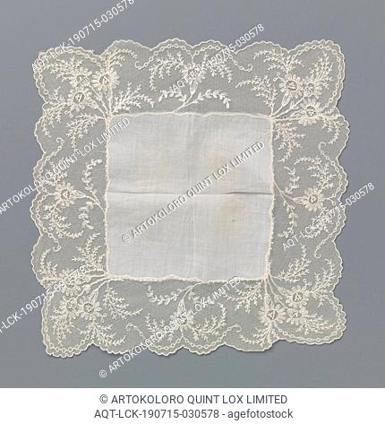 Handkerchief of batist finished around with lace embroidery on machine tulle with three flower sprays in each corner, Handkerchief of natural-colored batist...
