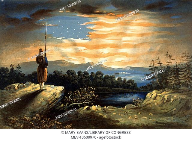 Our heaven born banner. A pro-Union patriotic print, evidently based on Frederic Edwin Church's small oil painting Our Banner in the Sky or on a...