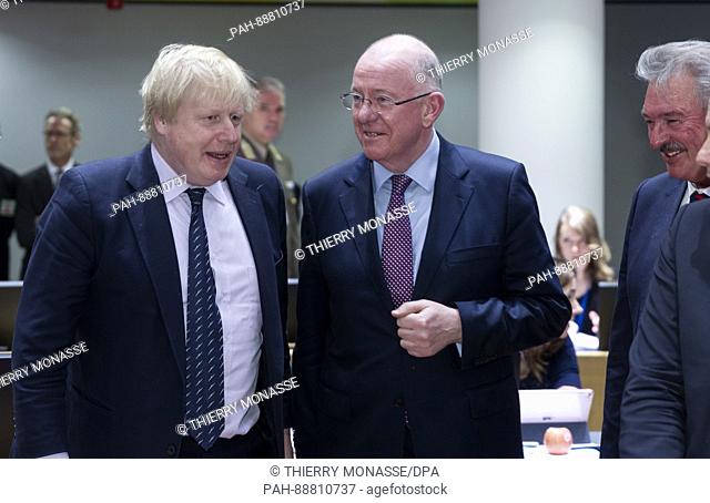 March 6, 2017 - Brussels, Belgium: British Secretary of State for Foreign & Commonwealth Affairs Boris Johnson (L) is talking with the Irish Minister for...