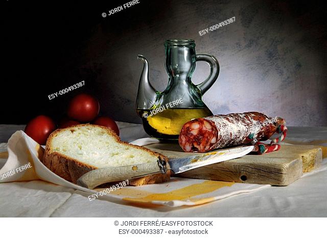 Still Life with chorizo sausage, oil and bread, Bodegón con chorizo, aceite y pan