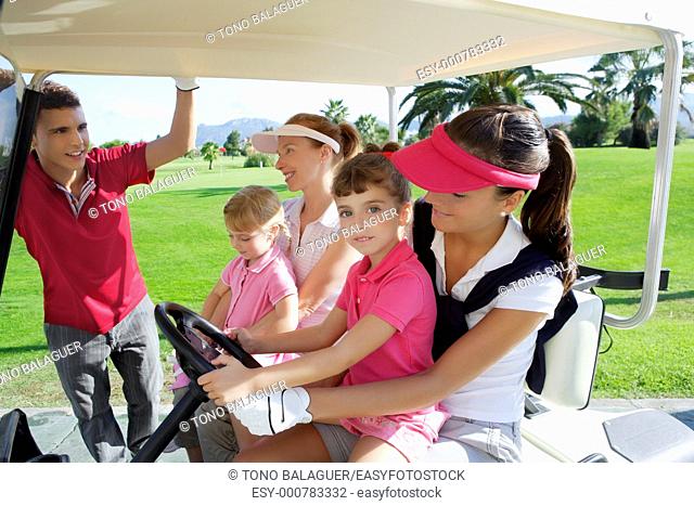 golf course mothers and daughters in buggy talking father