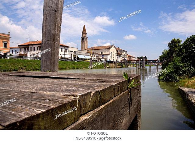 View of a drawbridge in Oriago, wooden jetty in the foreground, Venetia, Italy