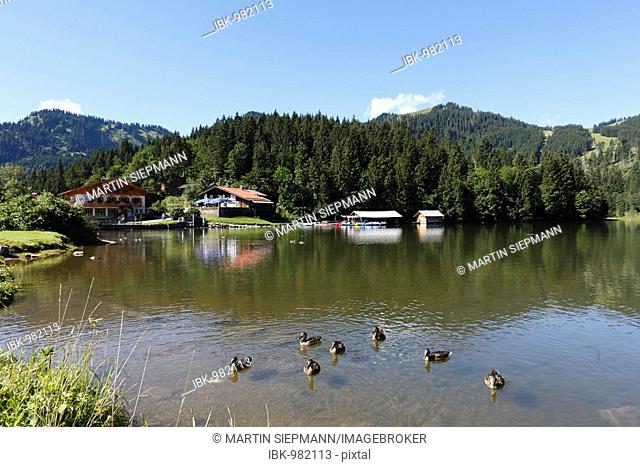 Village and Lake Spitzingsee, Mangfall Mountains, Alps, Upper Bavaria, Germany, Europe
