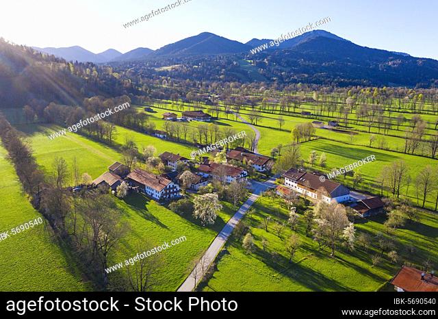 Settlement Oberreut near Gaißach, Isarwinkel, drone recording, Upper Bavaria, Bavaria, Germany, Europe