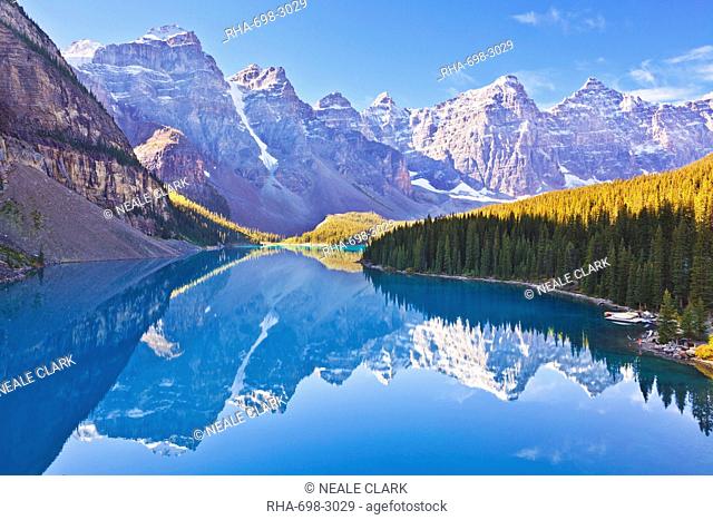 Moraine Lake reflections in the Valley of the Ten Peaks, Banff National Park, UNESCO World Heritage Site, Alberta, Canadian Rockies, Canada, North America