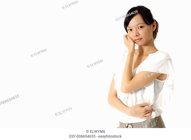 Beautiful woman of Asian, closeup portrait with copyspace on white