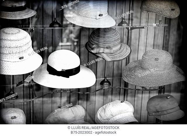 Store showcase classic hat shop in the center of Barcelona, Catalonia, Spain