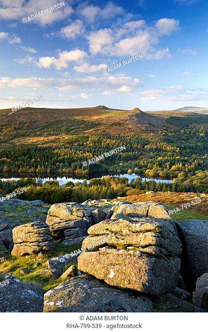 Autumnal view over Burrator Reservoir to Sharpitor and Leather Tor from Sheepstor, Dartmoor National Park, Devon, England, United Kingdom, Europe