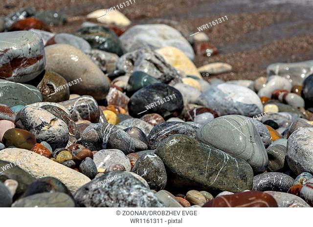 Closeup view of wet beach pebble