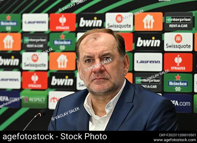Vladimir Weiss - coach of Slovan Bratislava attends a news conference before the Football European Conference League 4th round match Slovan Bratislava vs