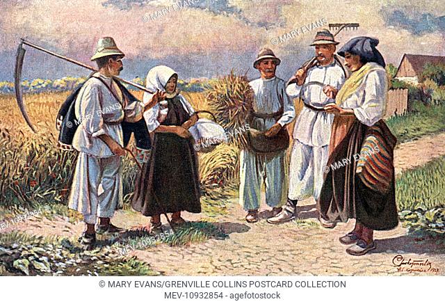 Peasant folk meet for a chat at the Crossroads in Slavonia, a historical region in eastern Croatia