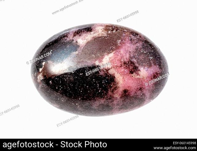closeup of sample of natural mineral from geological collection - rolled pink and black Rhodonite gemstone isolated on white background