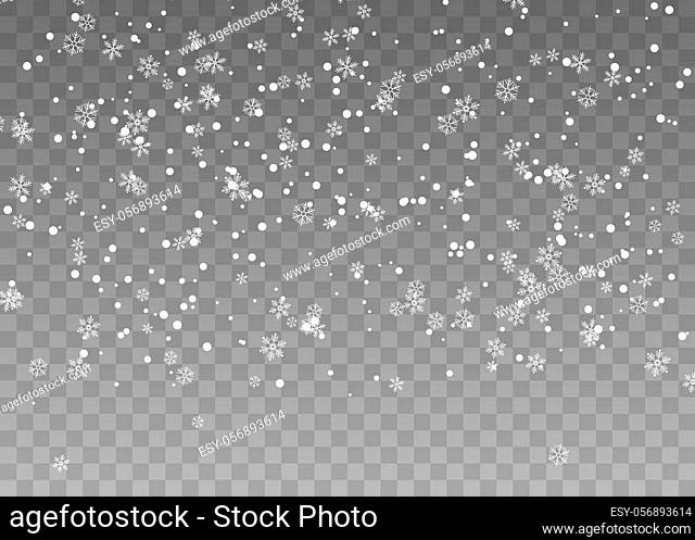 Snowflakes falling from the sky. Abstract background for holiday. Merry Christmas and Happy New Year pattern. Vector illustration on transparent background