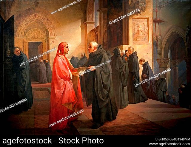 Art, Giuseppe Bertini, 1825-1898, title of the work, The meeting of Dante and friar Ilario, about 1845, oil painting on canvas cm 159, 6 x 224