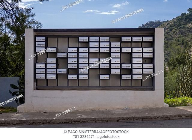 Mailboxes in a residential area. Sagunto, Valencia province, Valencian Community, Spain