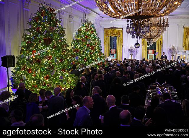 Hundreds of guests attend a Hanukkah holiday reception in the East Room of the White House on December 11, 2023 in Washington, DC