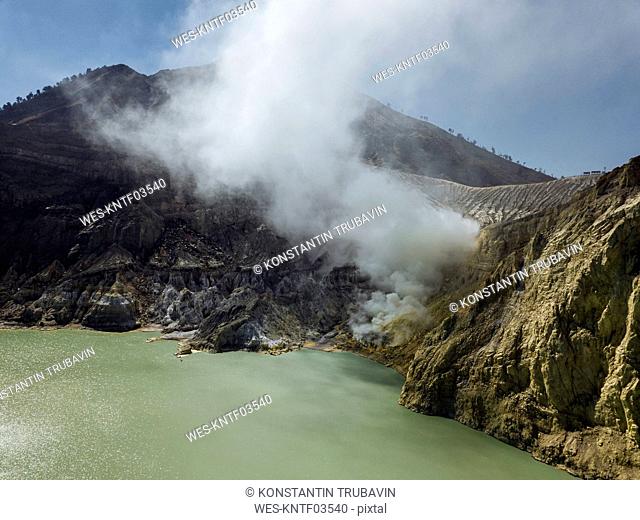 Indonesia, Java, Aerial view of green sulphuric lake of Ijen volcano